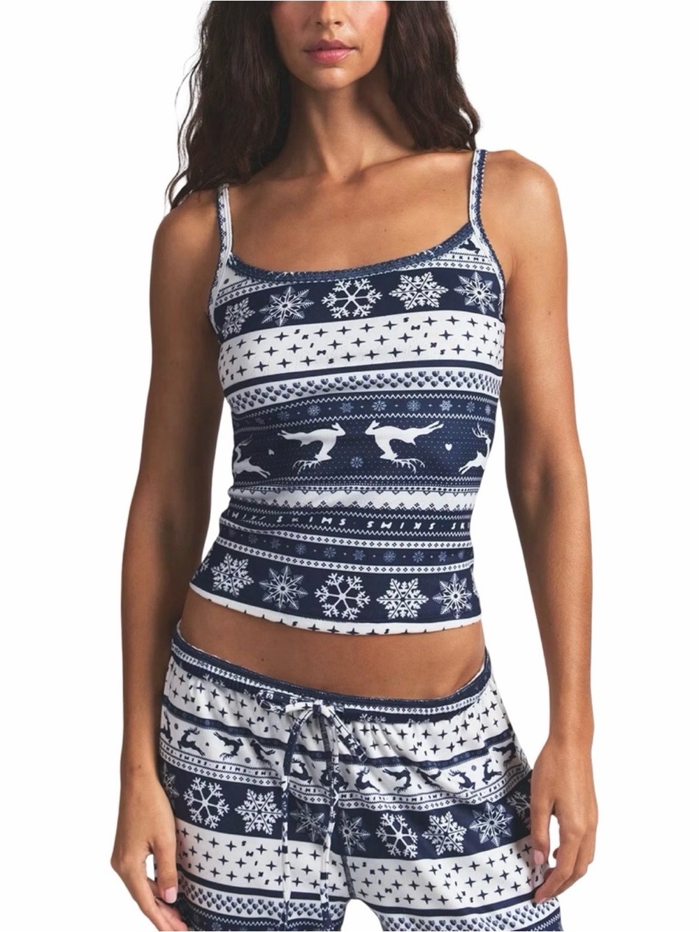 SKIMS LOGO PLUSH POINTELLE CAMI Navy & White Deer Fair Isle Sleep Cami 2X